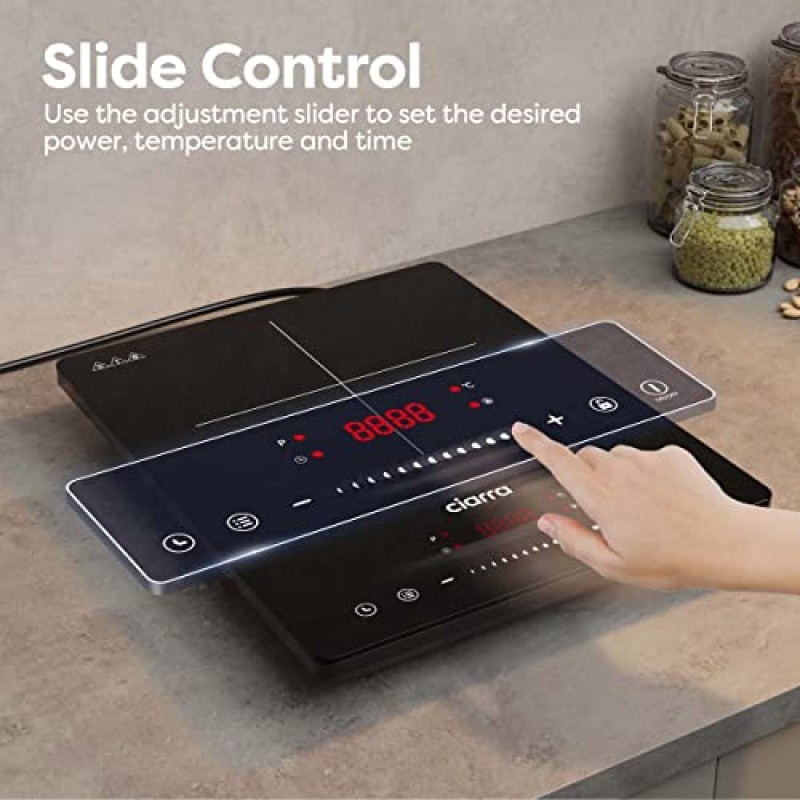 CIARRA CBTIH1 Piano Cottura a Induzione 2000W 8 Livelli Controllo Touch Sicurezza Multiplo Timer Spegnimento Automatico Blocco Bambini Vetro Ceramico Nero - 1 Burner