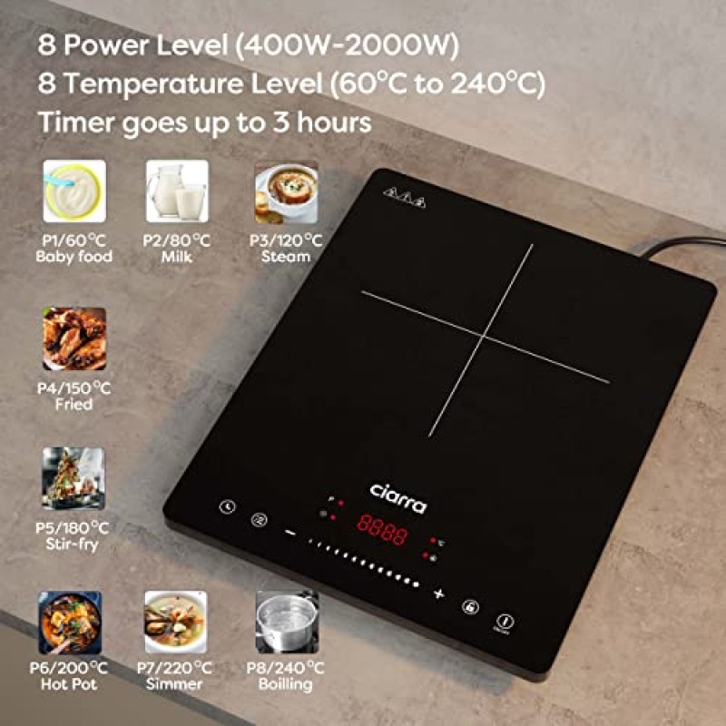 CIARRA CBTIH1 Piano Cottura a Induzione 2000W 8 Livelli Controllo Touch Sicurezza Multiplo Timer Spegnimento Automatico Blocco Bambini Vetro Ceramico Nero - 1 Burner
