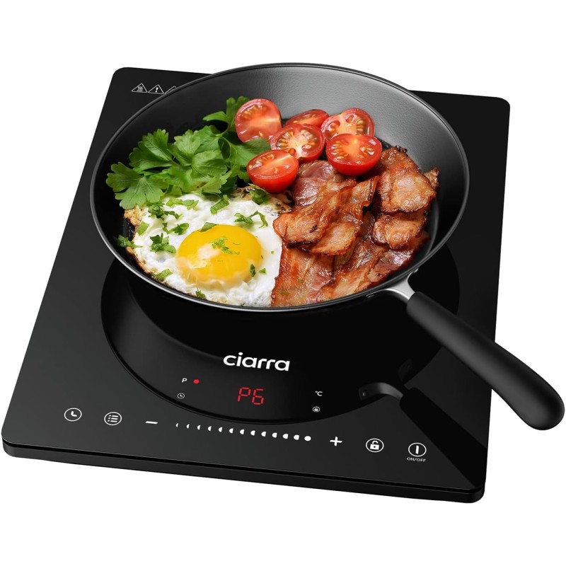 CIARRA CBTIH1 Piano Cottura a Induzione 2000W 8 Livelli Controllo Touch Sicurezza Multiplo Timer Spegnimento Automatico Blocco Bambini Vetro Ceramico Nero - 1 Burner