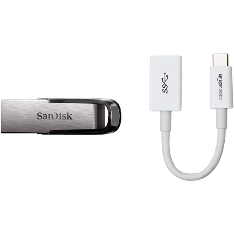 Sandisk Ultra Flair 64 GB, Chiavetta USB 3.0, Velocità di Lettura fino a 150 MB/s, Nero & Amazon Basics Adattatore da USB Type-C a femmina USB 3.1 Gen 1, colore bianco - 64 GB Nero