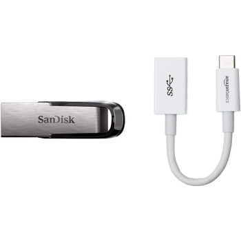 Sandisk Ultra Flair 64 GB, Chiavetta USB 3.0, Velocità di Lettura fino a 150 MB/s, Nero & Amazon Basics Adattatore da USB Type-C a femmina USB 3.1 Gen 1, colore bianco - 64 GB Nero
