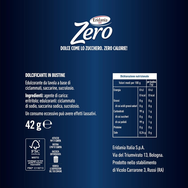 Eridania Zero, Dolcificante in Bustine da 1g, Formato Slim, 42g