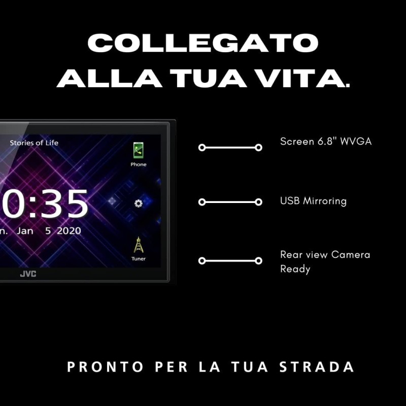 JVC Sintomonitor Bluetooth KW-M565DBT con Touchscreen 6.8", Android Auto Wireless e Carplay Wireless, Bluetooth Automatic Pairing per Android, USB/AUX, Lettore CD, USB Mirroring, Facile Installazione