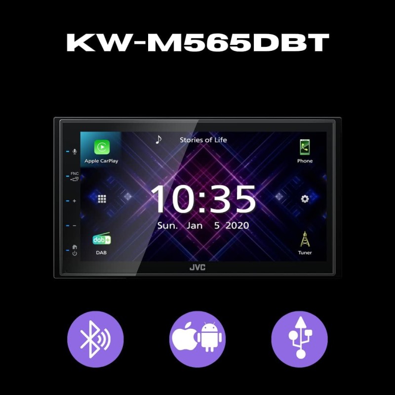JVC Sintomonitor Bluetooth KW-M565DBT con Touchscreen 6.8", Android Auto Wireless e Carplay Wireless, Bluetooth Automatic Pairing per Android, USB/AUX, Lettore CD, USB Mirroring, Facile Installazione