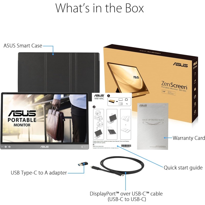 ASUS ZenScreen MB14AC Portable USB Monitor, 14", IPS Full HD, Hybrid Signal Solution, USB Type-C, Flicker Free, Blue Light Filter, Anti-glare surface ASUS ZenScreen MB14AC Portable USB Monitor, 14", IPS Full HD, Hybrid Signal Solution, USB Type-C, Flicker Free, Blue Light Filter, Anti-glare surface