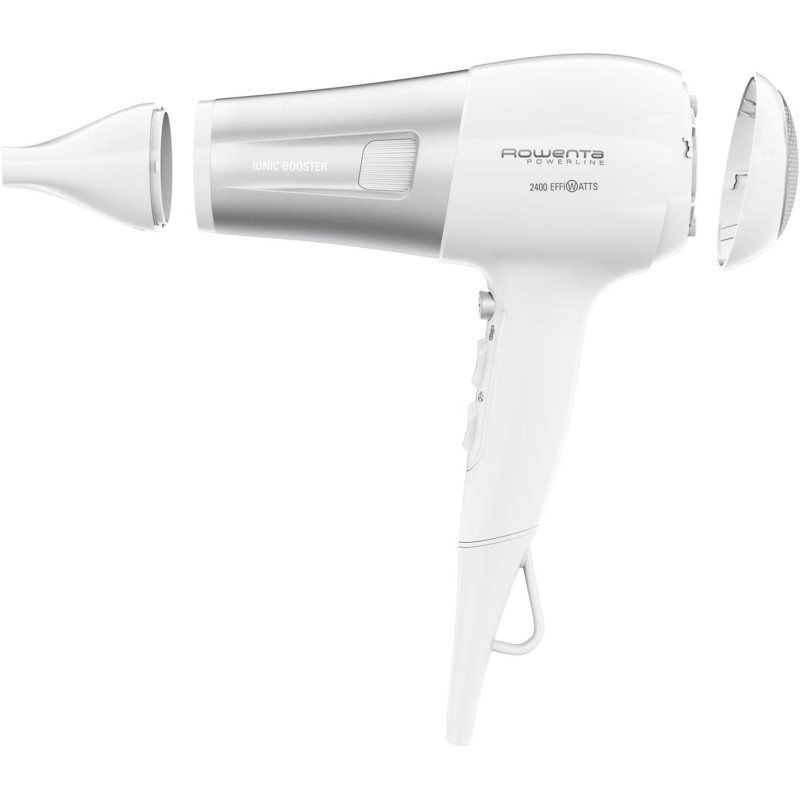 Rowenta CV5930 Powerline Asciugacapelli con Booster Ionico, Phon per Capelli 2100W, Tecnologia Effiwatts, Thermo Control, 1 Diffusore e 1 Concentratore, 6 Combinazioni di Velocità/Temperatura - Bianco/Argento
