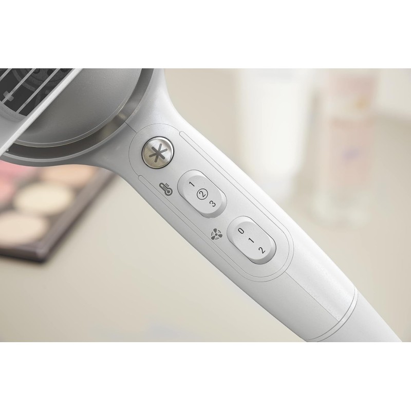 Rowenta CV5930 Powerline Asciugacapelli con Booster Ionico, Phon per Capelli 2100W, Tecnologia Effiwatts, Thermo Control, 1 Diffusore e 1 Concentratore, 6 Combinazioni di Velocità/Temperatura - Bianco/Argento