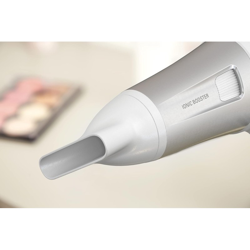 Rowenta CV5930 Powerline Asciugacapelli con Booster Ionico, Phon per Capelli 2100W, Tecnologia Effiwatts, Thermo Control, 1 Diffusore e 1 Concentratore, 6 Combinazioni di Velocità/Temperatura - Bianco/Argento