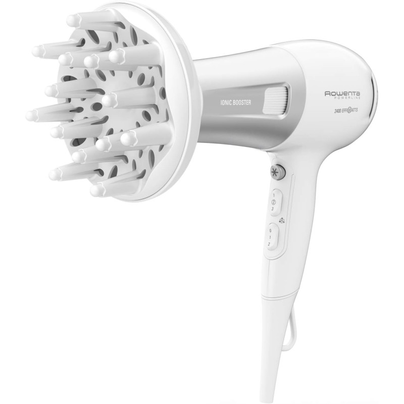 Rowenta CV5930 Powerline Asciugacapelli con Booster Ionico, Phon per Capelli 2100W, Tecnologia Effiwatts, Thermo Control, 1 Diffusore e 1 Concentratore, 6 Combinazioni di Velocità/Temperatura - Bianco/Argento