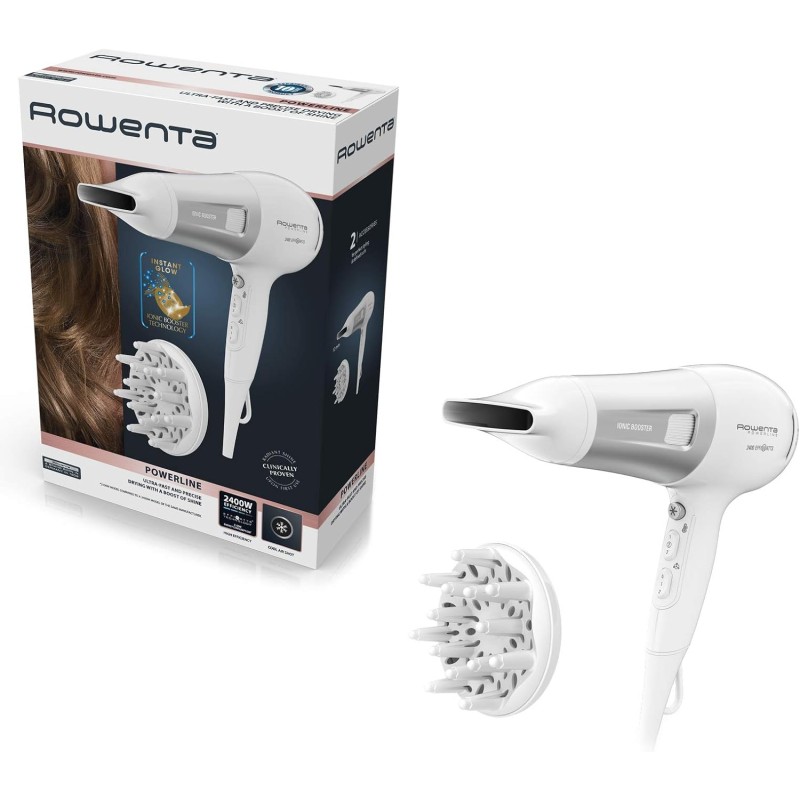 Rowenta CV5930 Powerline Asciugacapelli con Booster Ionico, Phon per Capelli 2100W, Tecnologia Effiwatts, Thermo Control, 1 Diffusore e 1 Concentratore, 6 Combinazioni di Velocità/Temperatura - Bianco/Argento