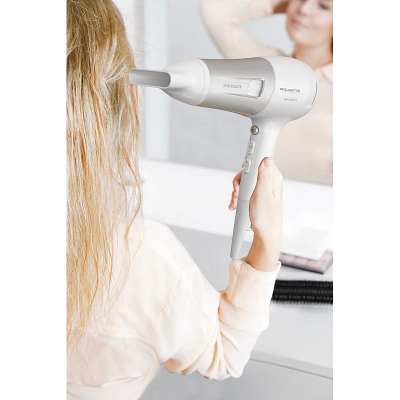 Rowenta CV5930 Powerline Asciugacapelli con Booster Ionico, Phon per Capelli 2100W, Tecnologia Effiwatts, Thermo Control, 1 Diffusore e 1 Concentratore, 6 Combinazioni di Velocità/Temperatura - Bianco/Argento