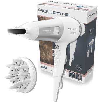 Rowenta CV5930 Powerline Asciugacapelli con Booster Ionico, Phon per Capelli 2100W, Tecnologia Effiwatts, Thermo Control, 1 Diffusore e 1 Concentratore, 6 Combinazioni di Velocità/Temperatura - Bianco/Argento