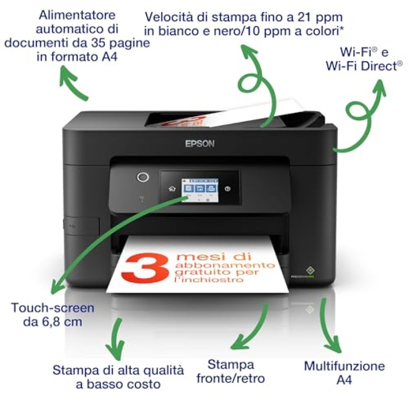 Epson WorkForce Pro WF-3820DWF, Stampante Multifunzione, Inkjet A4 Fronte/Retro, Fax, Scansione, Copia, ADF 35 Pagine, Velocità 21 Pagine al Minuto