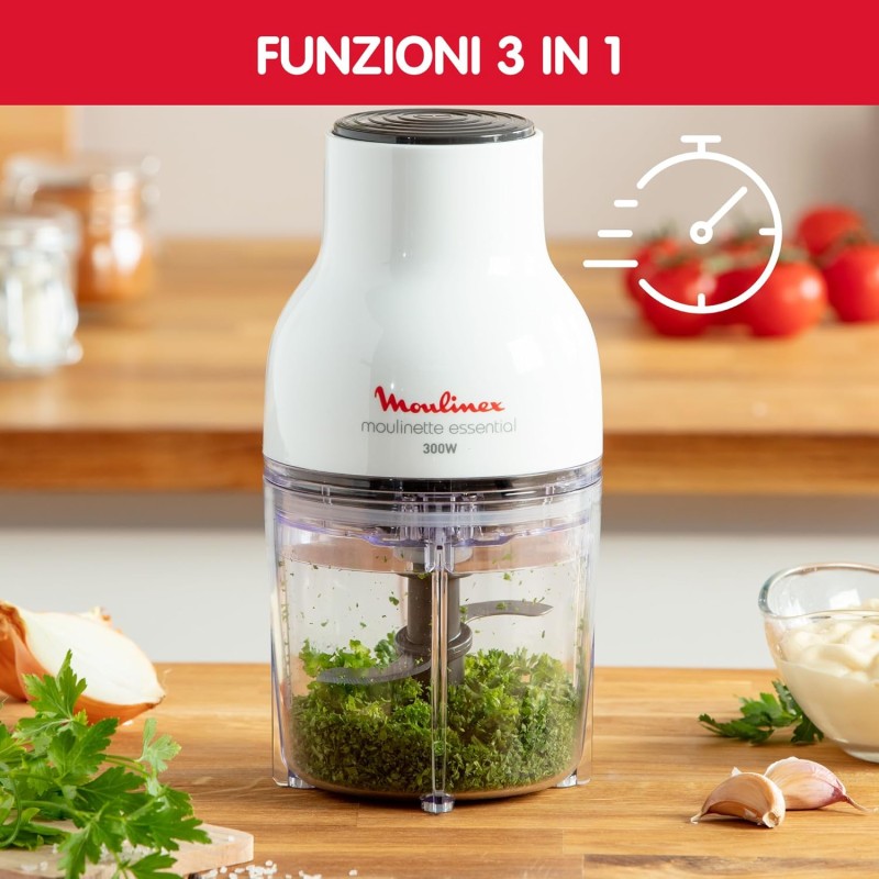 Moulinex DJ5201 Moulinette Essential, 4 Lame Affilate, Trita, Mescola e Sminuzza, Tritatutto, Capacità Recipiente 400 ml, 300 W, Bianco - 300w