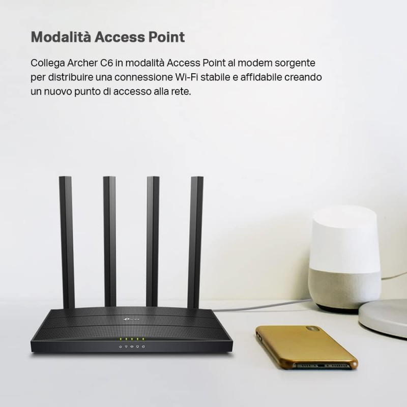 TP-Link Archer C6 Gigabit Router Wi-Fi, Dual Band AC1200Mbps Wireless, 5 Porte Gigabit, ‎‎MU-MIMO, Parental Control, Beamforming, Configurazione Semplice, Supporto IPTV, IPv6, WPS, non supporta xDSL