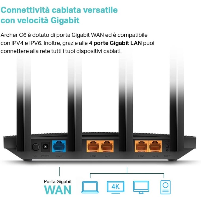 TP-Link Archer C6 Gigabit Router Wi-Fi, Dual Band AC1200Mbps Wireless, 5 Porte Gigabit, ‎‎MU-MIMO, Parental Control, Beamforming, Configurazione Semplice, Supporto IPTV, IPv6, WPS, non supporta xDSL