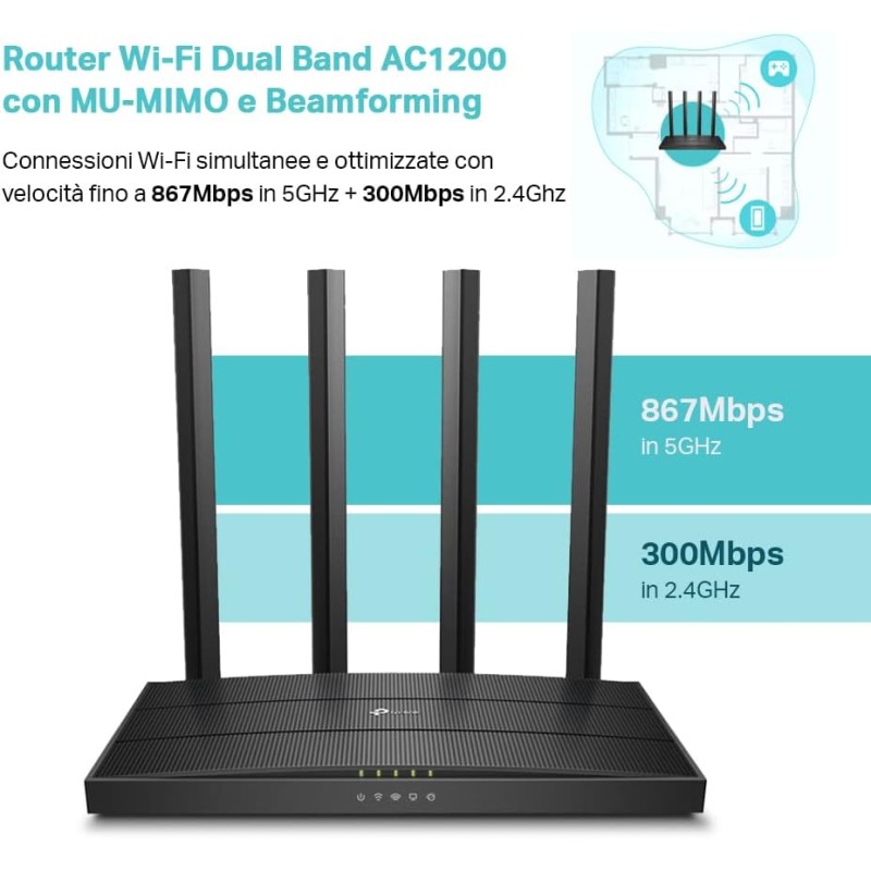 TP-Link Archer C6 Gigabit Router Wi-Fi, Dual Band AC1200Mbps Wireless, 5 Porte Gigabit, ‎‎MU-MIMO, Parental Control, Beamforming, Configurazione Semplice, Supporto IPTV, IPv6, WPS, non supporta xDSL