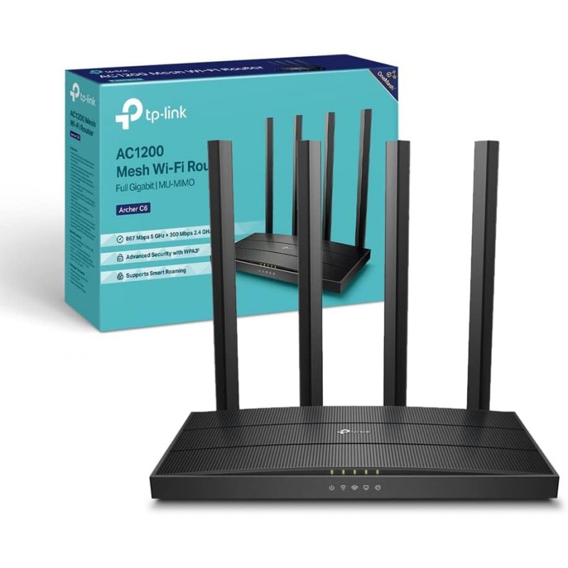 TP-Link Archer C6 Gigabit Router Wi-Fi, Dual Band AC1200Mbps Wireless, 5 Porte Gigabit, ‎‎MU-MIMO, Parental Control, Beamforming, Configurazione Semplice, Supporto IPTV, IPv6, WPS, non supporta xDSL