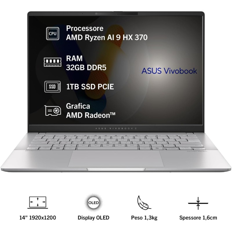 ASUS Vivobook S 14 OLED M5406WA#B08H1KCVGC, Notebook in alluminio con Monitor 14" OLED Anti-glare, Copilot+ PC, Processore AMD Ryzen AI 9 HX 370, RAM 32GB, 1TB SSD PCIE, Windows 11 Home, Argento - RAM 32GB / 1TB SSD