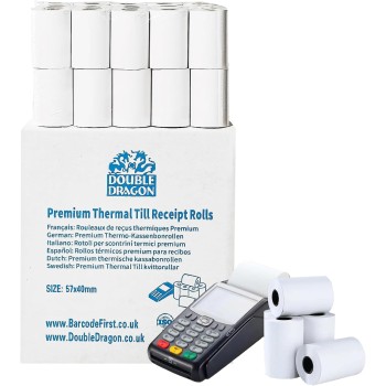 Double Dragon, Rotolo di ricevuta termica premium da 57 x 40 mm per macchina per carte di credito PDQ, POS, EPOS, registratore di cassa [Confezione da 20] - Confezione da 20