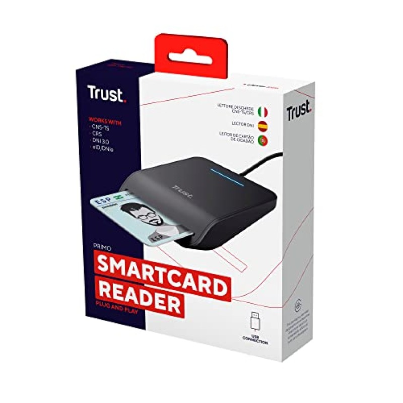 Trust Primo Lettore di Smart Card, DNI, Conforme con FIPS 201, FIPS TAA e ISO 7816 Classe A, B, C, Cavo di 100 cm, USB Plug & Play, Nero