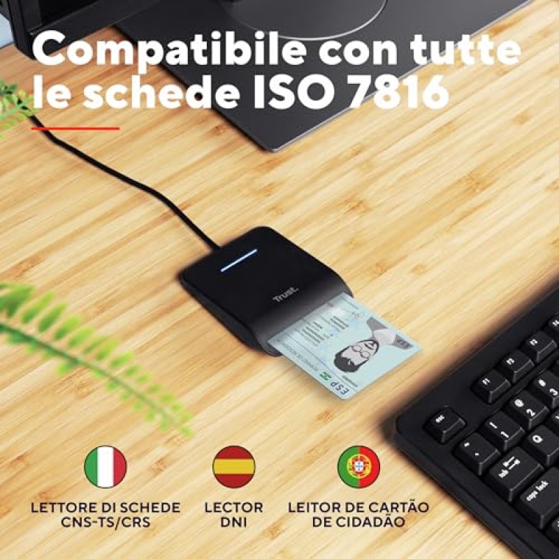Trust Primo Lettore di Smart Card, DNI, Conforme con FIPS 201, FIPS TAA e ISO 7816 Classe A, B, C, Cavo di 100 cm, USB Plug & Play, Nero