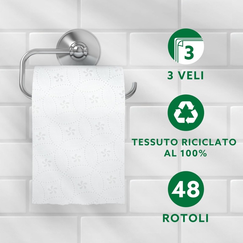 by Amazon Carta Igienica, 3 Veli 100 % Riciclata, Morbida e Resistente, 48 Rotoli (6 Confezioni da 8), 200 Fogli per Rotolo, Certificata FSC - 8 unità (Confezione da 6)
