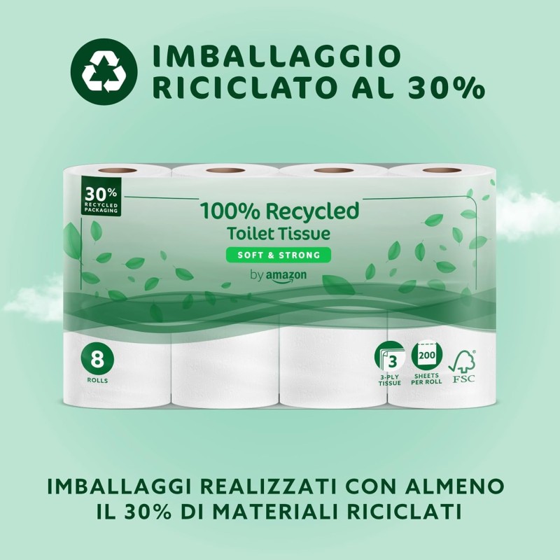 by Amazon Carta Igienica, 3 Veli 100 % Riciclata, Morbida e Resistente, 48 Rotoli (6 Confezioni da 8), 200 Fogli per Rotolo, Certificata FSC - 8 unità (Confezione da 6)