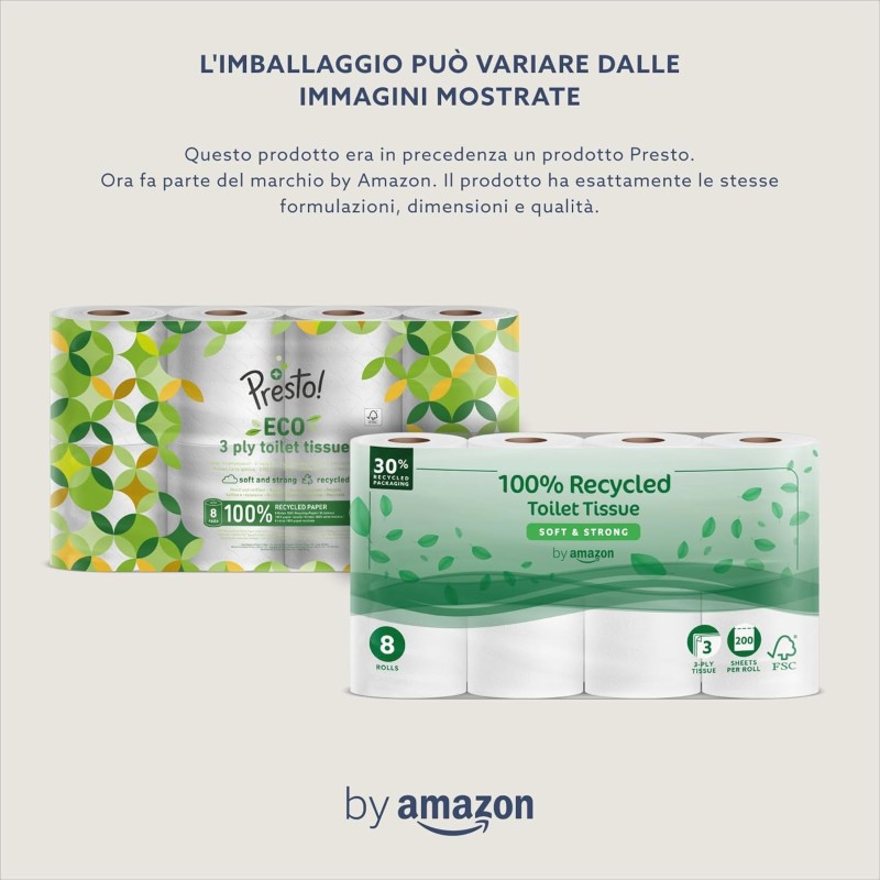 by Amazon Carta Igienica, 3 Veli 100 % Riciclata, Morbida e Resistente, 48 Rotoli (6 Confezioni da 8), 200 Fogli per Rotolo, Certificata FSC - 8 unità (Confezione da 6)