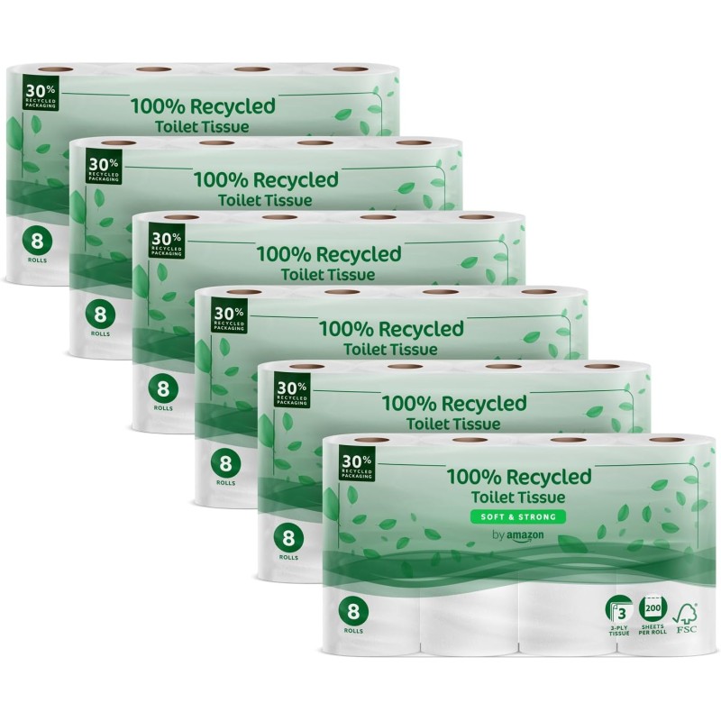 by Amazon Carta Igienica, 3 Veli 100 % Riciclata, Morbida e Resistente, 48 Rotoli (6 Confezioni da 8), 200 Fogli per Rotolo, Certificata FSC - 8 unità (Confezione da 6)