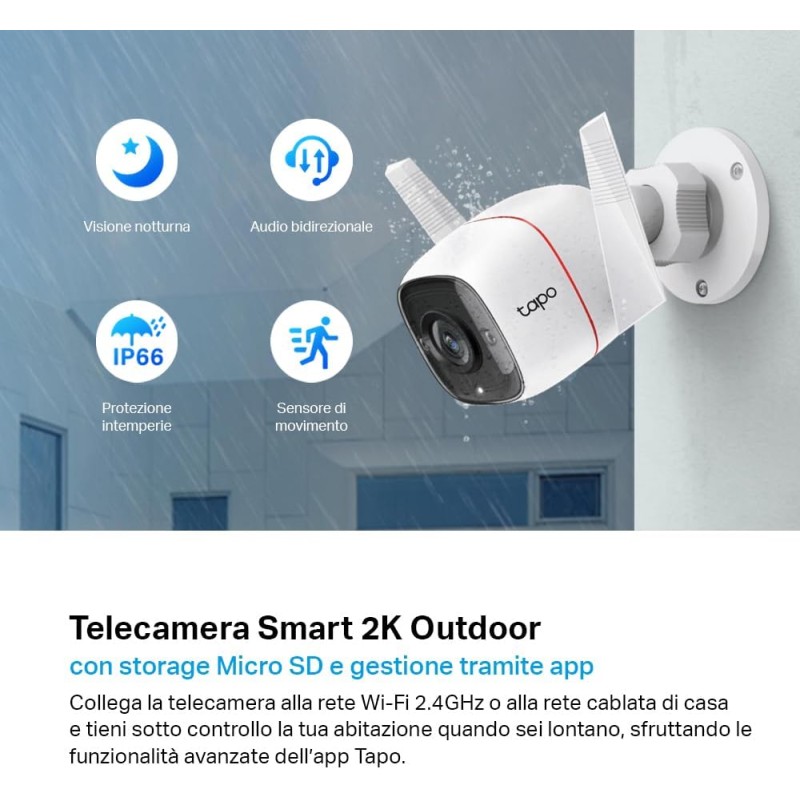 TP-Link Tapo C310 Telecamera Wi-Fi Esterno FHD 1296P, Telecamera IP di Sorveglianza, Notifiche in Tempo Reale, Visione Notturna fino 30m, Impermeabile IP66, 2 Vie Audio, Compatibile con Alexa