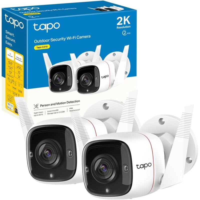 TP-Link Tapo C310 Telecamera Wi-Fi Esterno FHD 1296P, Telecamera IP di Sorveglianza, Notifiche in Tempo Reale, Visione Notturna fino 30m, Impermeabile IP66, 2 Vie Audio, Compatibile con Alexa