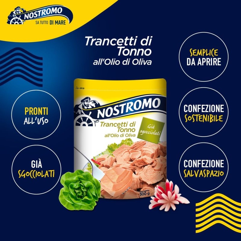 Nostromo - Trancetti di tonno all'olio di oliva, 1 busta da 300gr. Facili da aprire e pronti all'uso, già sgocciolati. - 300 g (Confezione da 1)