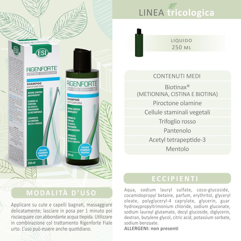 ESI - Rigenforte Shampoo Antiforfora con Biotinax, Contrasta la Forfora dei Capelli e il Sebo in Accesso, Deterge Delicatamente e Migliora la Salute del Capello, Dermatologicamente Testato, 250 ml - 250 ml (Confezione da 1) ESI - Rigenforte Shampoo Antiforfora con Biotinax, Contrasta la Forfora dei Capelli e il Sebo in Accesso, Deterge Delicatamente e Migliora la Salute del Capello, Dermatologicamente Testato, 250 ml - 250 ml (Confezione da 1)