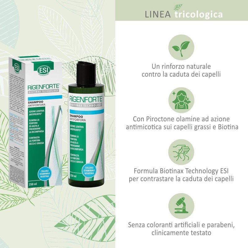ESI - Rigenforte Shampoo Antiforfora con Biotinax, Contrasta la Forfora dei Capelli e il Sebo in Accesso, Deterge Delicatamente e Migliora la Salute del Capello, Dermatologicamente Testato, 250 ml - 250 ml (Confezione da 1) ESI - Rigenforte Shampoo Antiforfora con Biotinax, Contrasta la Forfora dei Capelli e il Sebo in Accesso, Deterge Delicatamente e Migliora la Salute del Capello, Dermatologicamente Testato, 250 ml - 250 ml (Confezione da 1)