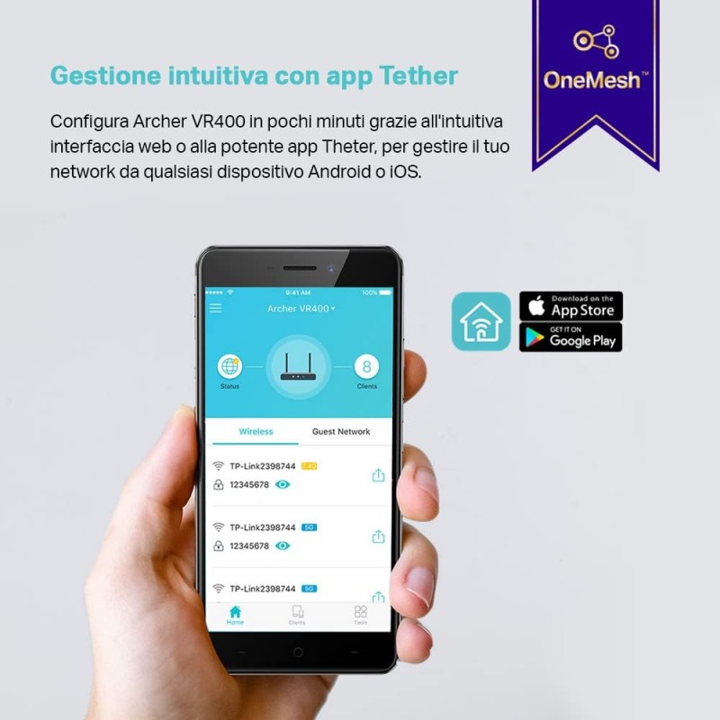 TP-Link Archer VR400 Modem Router Wi-Fi Dual-Band AC1200Mbps, VDSL2 Profilo 17a, VDSL/FTTC/FTTS/ADSL, 4 Porte Gigabit, 1 USB, RJ11, Tecnologia OneMesh, MU-MIMO, Beamforming, QoS, Non adatto per VoIP TP-Link Archer VR400 Modem Router Wi-Fi Dual-Band AC1200Mbps, VDSL2 Profilo 17a, VDSL/FTTC/FTTS/ADSL, 4 Porte Gigabit, 1 USB, RJ11, Tecnologia OneMesh, MU-MIMO, Beamforming, QoS, Non adatto per VoIP