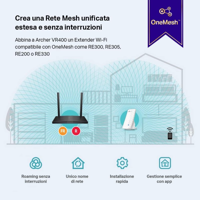 TP-Link Archer VR400 Modem Router Wi-Fi Dual-Band AC1200Mbps, VDSL2 Profilo 17a, VDSL/FTTC/FTTS/ADSL, 4 Porte Gigabit, 1 USB, RJ11, Tecnologia OneMesh, MU-MIMO, Beamforming, QoS, Non adatto per VoIP TP-Link Archer VR400 Modem Router Wi-Fi Dual-Band AC1200Mbps, VDSL2 Profilo 17a, VDSL/FTTC/FTTS/ADSL, 4 Porte Gigabit, 1 USB, RJ11, Tecnologia OneMesh, MU-MIMO, Beamforming, QoS, Non adatto per VoIP
