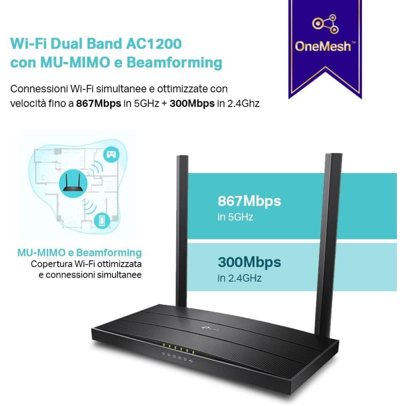 TP-Link Archer VR400 Modem Router Wi-Fi Dual-Band AC1200Mbps, VDSL2 Profilo 17a, VDSL/FTTC/FTTS/ADSL, 4 Porte Gigabit, 1 USB, RJ11, Tecnologia OneMesh, MU-MIMO, Beamforming, QoS, Non adatto per VoIP TP-Link Archer VR400 Modem Router Wi-Fi Dual-Band AC1200Mbps, VDSL2 Profilo 17a, VDSL/FTTC/FTTS/ADSL, 4 Porte Gigabit, 1 USB, RJ11, Tecnologia OneMesh, MU-MIMO, Beamforming, QoS, Non adatto per VoIP