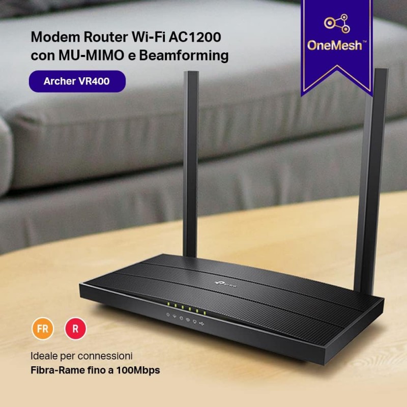 TP-Link Archer VR400 Modem Router Wi-Fi Dual-Band AC1200Mbps, VDSL2 Profilo 17a, VDSL/FTTC/FTTS/ADSL, 4 Porte Gigabit, 1 USB, RJ11, Tecnologia OneMesh, MU-MIMO, Beamforming, QoS, Non adatto per VoIP TP-Link Archer VR400 Modem Router Wi-Fi Dual-Band AC1200Mbps, VDSL2 Profilo 17a, VDSL/FTTC/FTTS/ADSL, 4 Porte Gigabit, 1 USB, RJ11, Tecnologia OneMesh, MU-MIMO, Beamforming, QoS, Non adatto per VoIP
