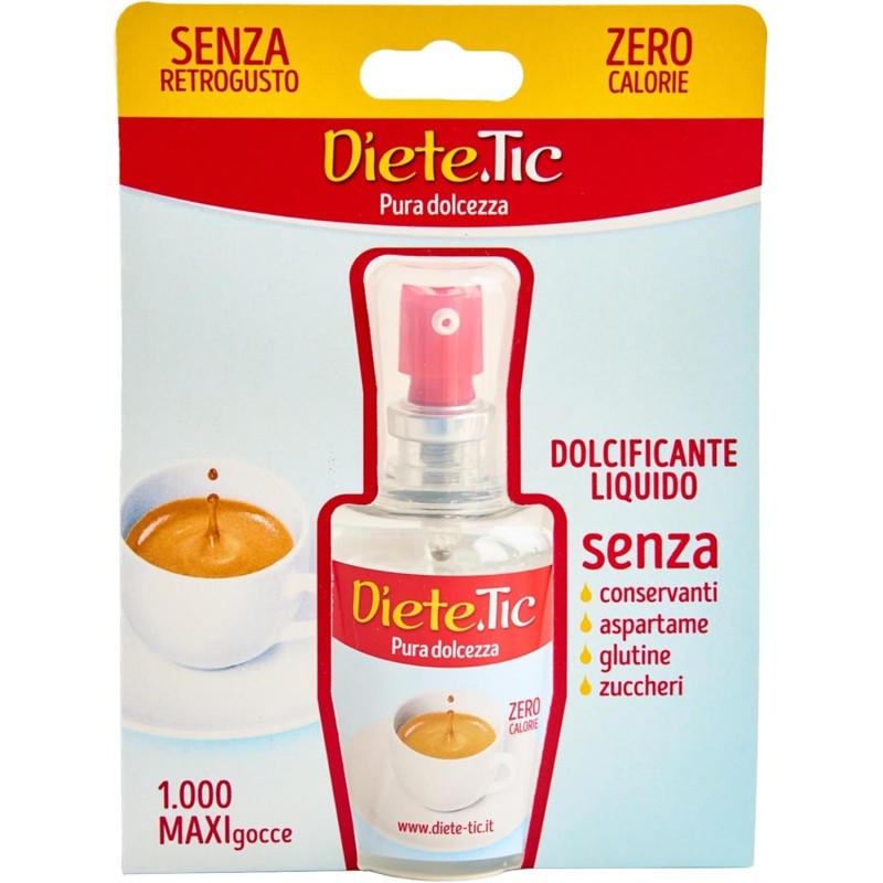 Diete.Tic, Dolcificante Liquido Zero Calorie, Formato Spray 100 ml (1 MAXI Goccia=1 Cucchiaino di Zucchero), Senza Glutine, Senza Conservanti e Aspartame, Ottimo per Dolci, Bevande, Yogurt, Macedonie