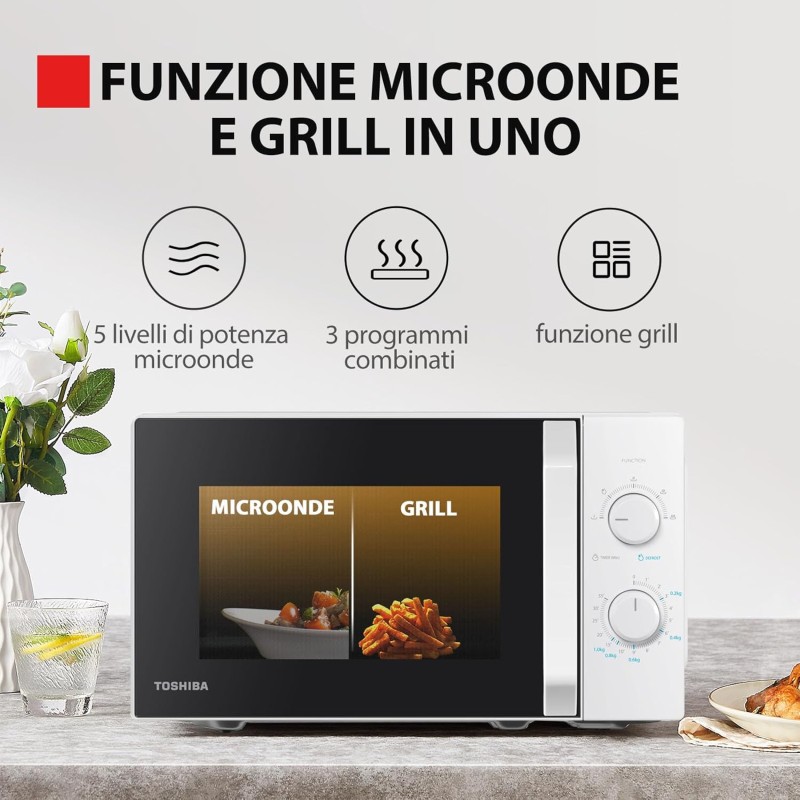 Toshiba MW2-MG20P(WH) 3-in-1 Forno Microonde Grill Combinato, 20 L, 5 Livelli di Potenza Regolabili, Timer, 800 W, Grill 1000 W, Bianco - Bianco Toshiba MW2-MG20P(WH) 3-in-1 Forno Microonde Grill Combinato, 20 L, 5 Livelli di Potenza Regolabili, Timer, 800 W, Grill 1000 W, Bianco - Bianco