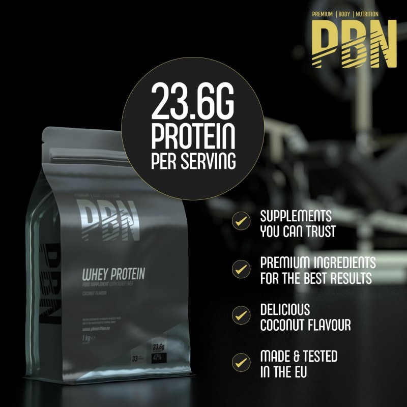 Premium Body Nutrition Siero di Latte in Polvere, 1 Kg (Pacco da 1), Sapore di Cocco, Gusto Ottimizzato - 1kg Premium Body Nutrition Siero di Latte in Polvere, 1 Kg (Pacco da 1), Sapore di Cocco, Gusto Ottimizzato - 1kg