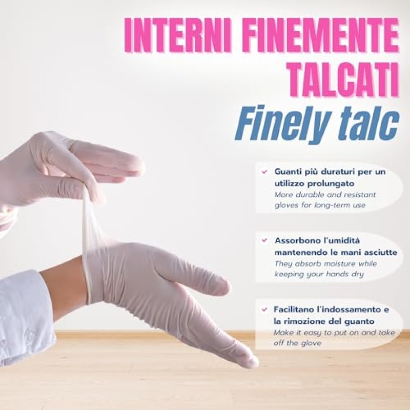 Bottari Guanti in Lattice Monouso con Talco, Confezione da 100 Pezzi, Taglia M, Resistenti e Comodi