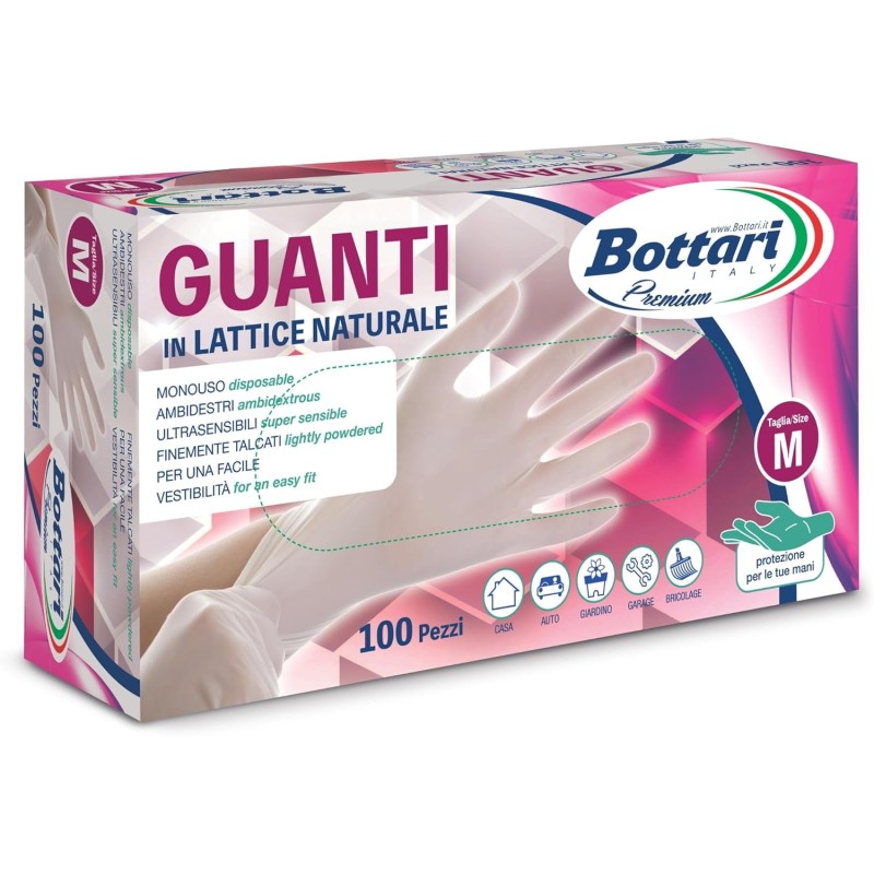 Bottari Guanti in Lattice Monouso con Talco, Confezione da 100 Pezzi, Taglia M, Resistenti e Comodi