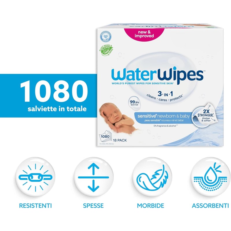 WaterWipes Salviette Umidificate, Salviette Neonato per Pelli Delicate, 99.9% di Acqua Purificata, Biodegradabile, 60 Unità (Confezione da 18) - 1080 unità (Confezione da 1) WaterWipes Salviette Umidificate, Salviette Neonato per Pelli Delicate, 99.9% di Acqua Purificata, Biodegradabile, 60 Unità (Confezione da 18) - 1080 unità (Confezione da 1)