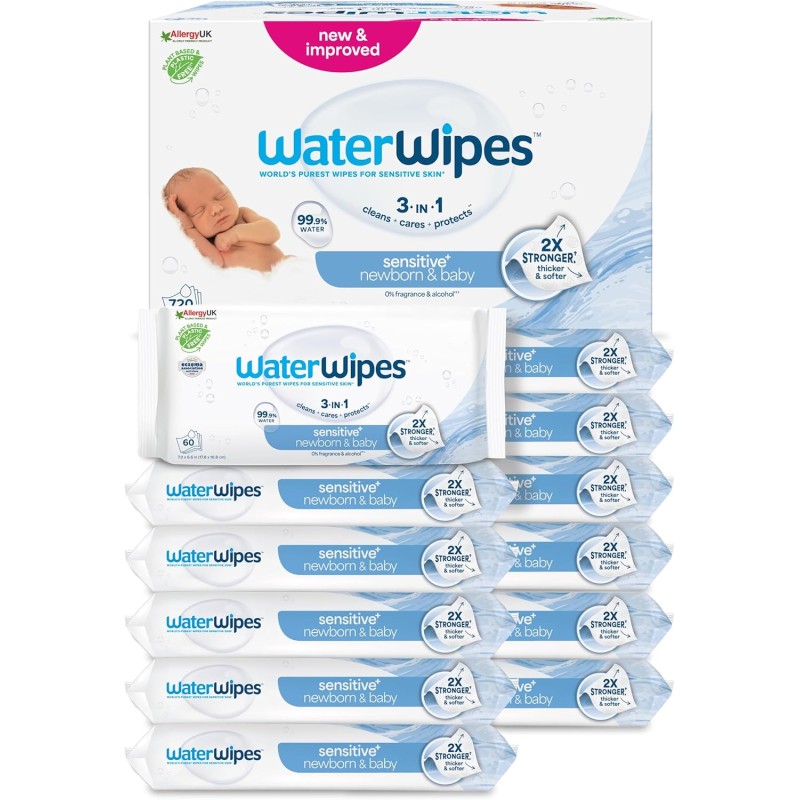 WaterWipes Salviette Umidificate, Salviette Neonato per Pelli Delicate, 99.9% di Acqua Purificata, Biodegradabile, 60 Unità (Confezione da 18) - 1080 unità (Confezione da 1) WaterWipes Salviette Umidificate, Salviette Neonato per Pelli Delicate, 99.9% di Acqua Purificata, Biodegradabile, 60 Unità (Confezione da 18) - 1080 unità (Confezione da 1)