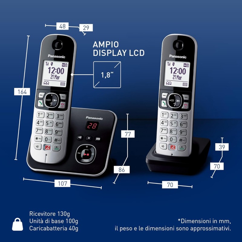 Panasonic KX-TG6862JTB Telefono Cordless Digitale con Segreteria Telefonica Digitale, Unità Base e 2 Ricevitori, ID Chiamante, Blocco Chiamate, Blocco Chiamate Automatiche, Display LCD, Nero - Duo Nero