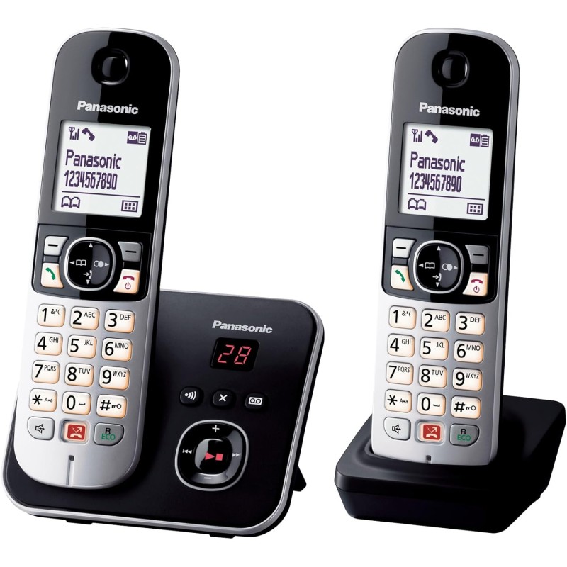 Panasonic KX-TG6862JTB Telefono Cordless Digitale con Segreteria Telefonica Digitale, Unità Base e 2 Ricevitori, ID Chiamante, Blocco Chiamate, Blocco Chiamate Automatiche, Display LCD, Nero - Duo Nero