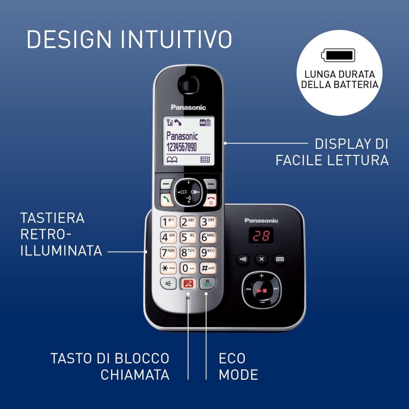 Panasonic KX-TG6861JTB Telefono Cordless Digitale con Segreteria Telefonica Digitale, Unità Base e Ricevitore Singolo, ID Chiamante, Blocco Chiamate, Blocco Chiamate Automatiche, Display LCD, Nero - Singolo Nero Panasonic KX-TG6861JTB Telefono Cordless Digitale con Segreteria Telefonica Digitale, Unità Base e Ricevitore Singolo, ID Chiamante, Blocco Chiamate, Blocco Chiamate Automatiche, Display LCD, Nero - Singolo Nero