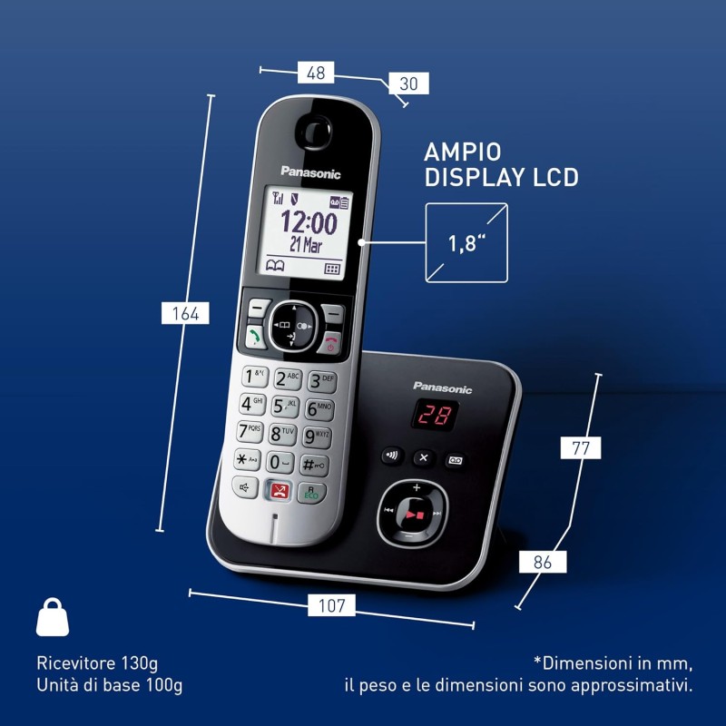 Panasonic KX-TG6861JTB Telefono Cordless Digitale con Segreteria Telefonica Digitale, Unità Base e Ricevitore Singolo, ID Chiamante, Blocco Chiamate, Blocco Chiamate Automatiche, Display LCD, Nero - Singolo Nero Panasonic KX-TG6861JTB Telefono Cordless Digitale con Segreteria Telefonica Digitale, Unità Base e Ricevitore Singolo, ID Chiamante, Blocco Chiamate, Blocco Chiamate Automatiche, Display LCD, Nero - Singolo Nero